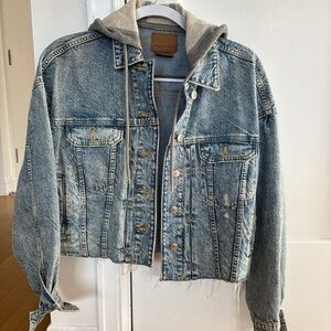 American Eagle Outfitters Blue Jean Jacket with Gray Hood